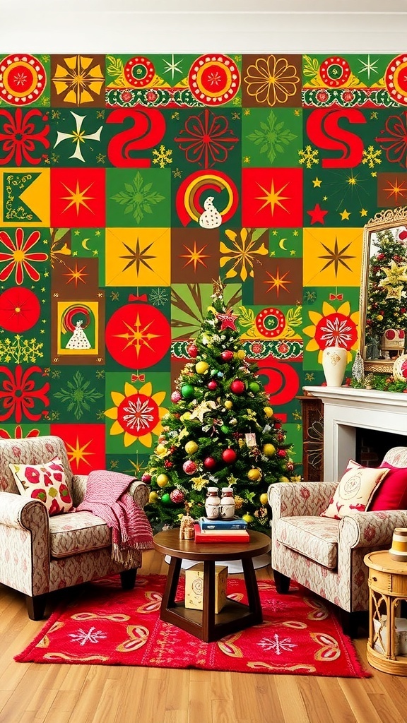 60s Inspired Christmas Wallpaper Design 60s inspired Christmas wallpaper with geometric patterns and festive colors in a cozy living room.